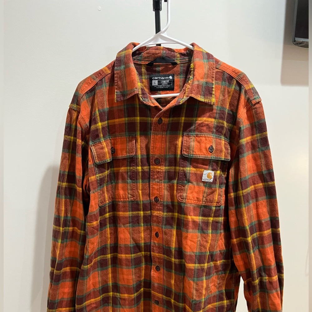 Carhartt heavy weight Orange Plaid Flannel Shirt size XL perfect for fall!!